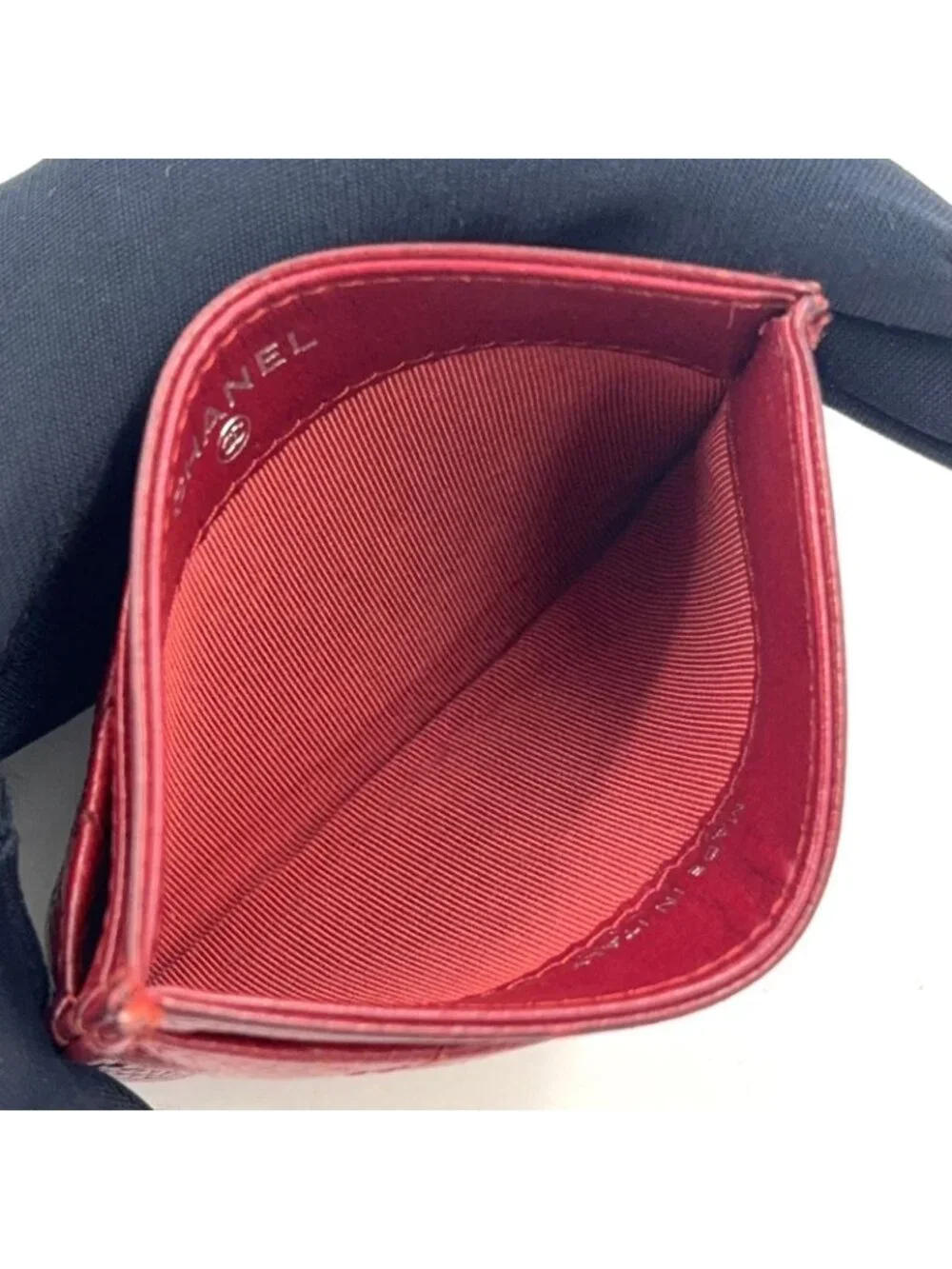 Chanel Classic Caviar Leather Red Card Case Silver
